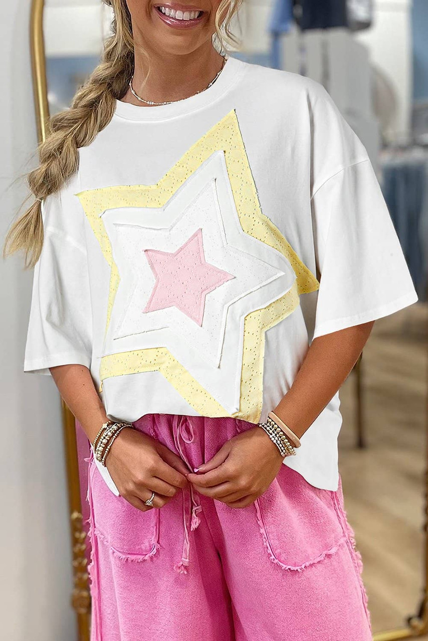 White Star Layered Patched Graphic Drop Shoulder Half Sleeve Loose Tee White Star Layered Patched Graphic Drop Shoulder Half Sleeve Loose Tee