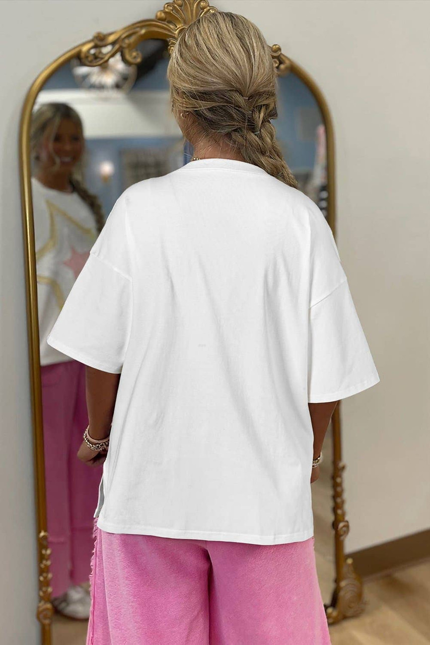White Star Layered Patched Graphic Drop Shoulder Half Sleeve Loose Tee White Star Layered Patched Graphic Drop Shoulder Half Sleeve Loose Tee