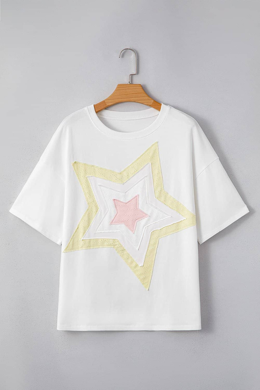 White Star Layered Patched Graphic Drop Shoulder Half Sleeve Loose Tee White Star Layered Patched Graphic Drop Shoulder Half Sleeve Loose Tee