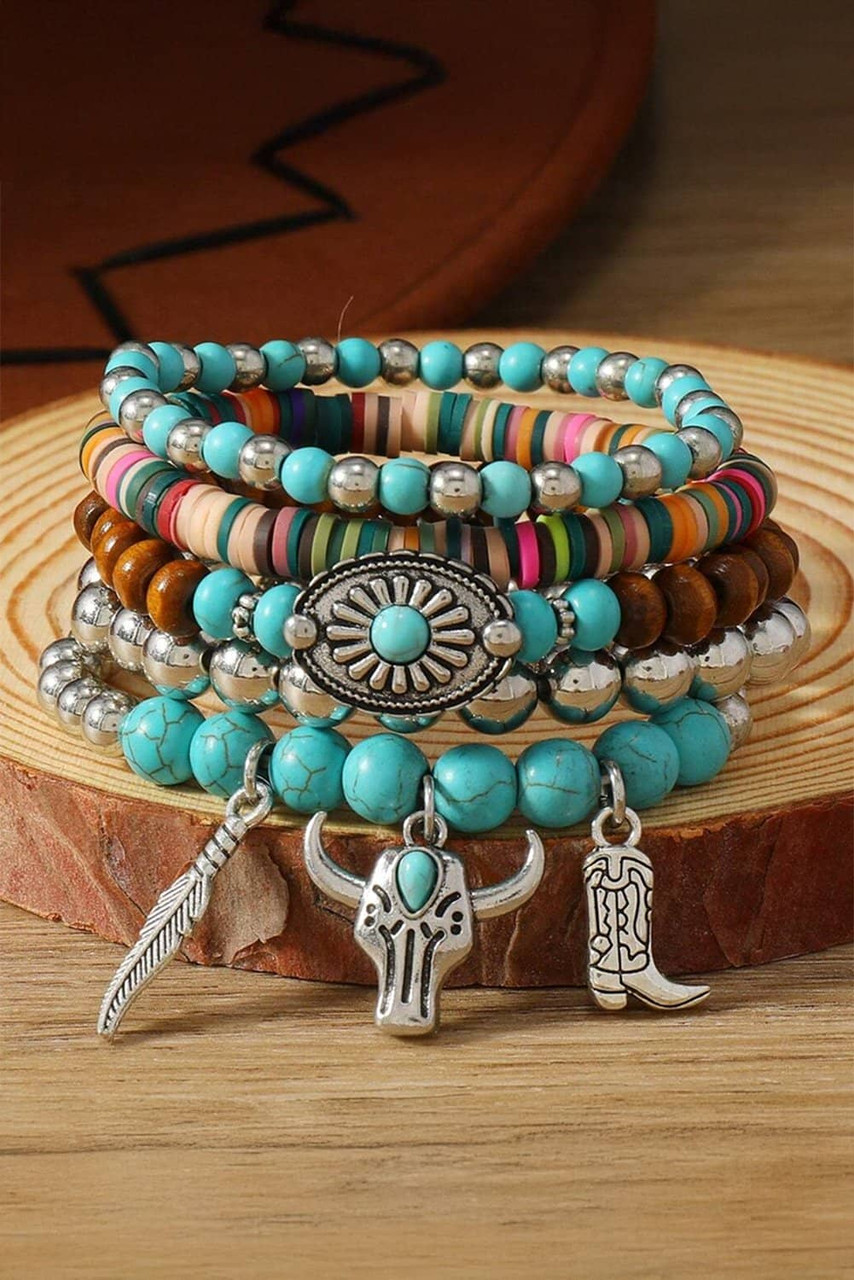 Turquoise Western Pattern Turquoise Beaded Multi Layer Bracelet Set Turquoise Western Pattern Turquoise Beaded Multi Layer Bracelet Set