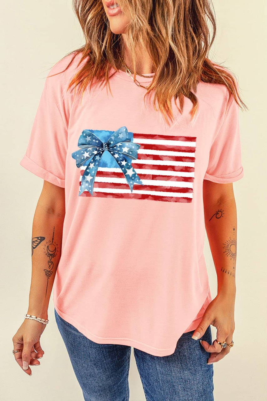 Pink Starry Bow American Flag Graphic T Shirt Pink Starry Bow American Flag Graphic T Shirt