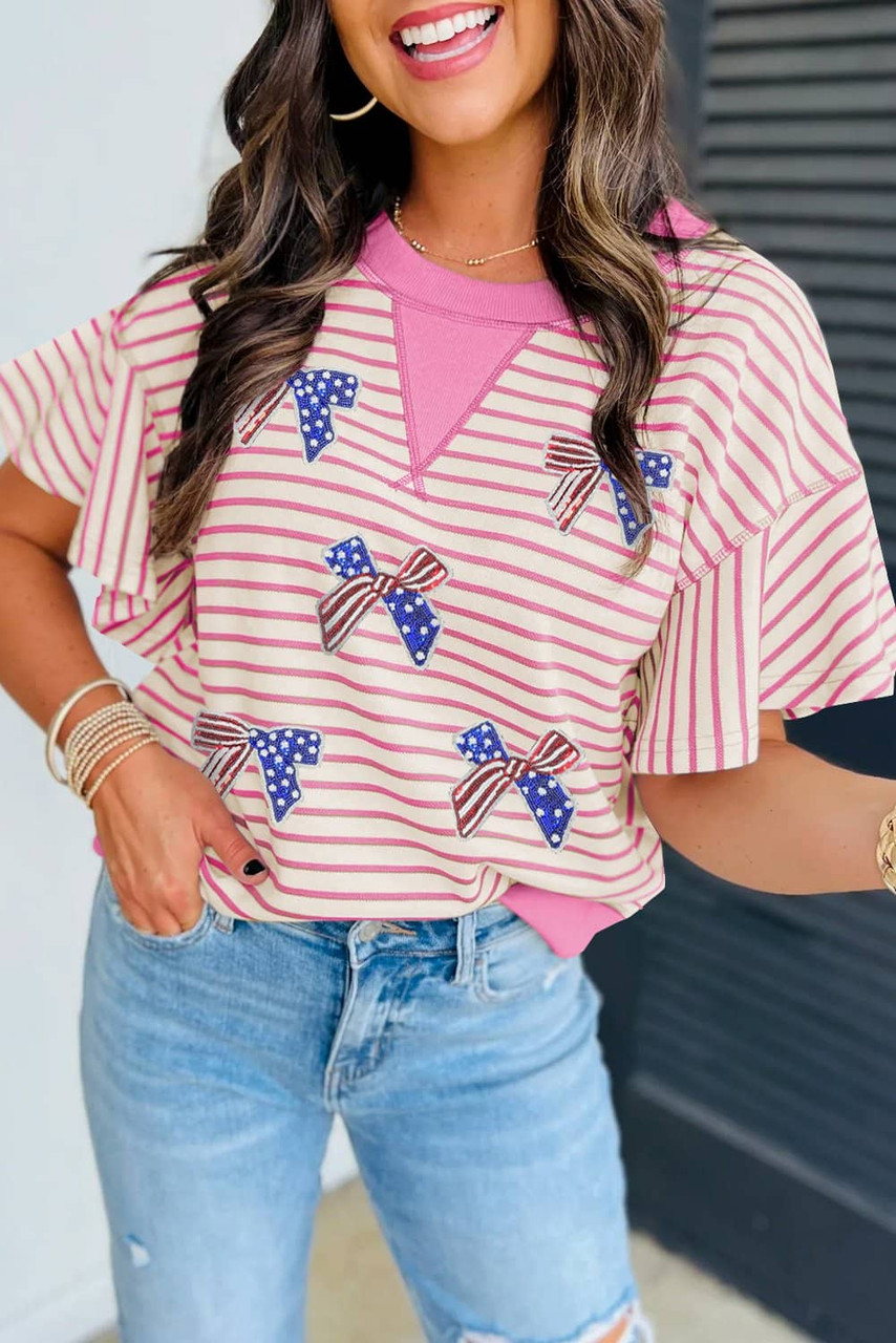 Sachet Pink Sequined American Flag Bow Patched Striped Ruffled Sleeve Blouse Sachet Pink Sequined American Flag Bow Patched Striped Ruffled Sleeve Blouse