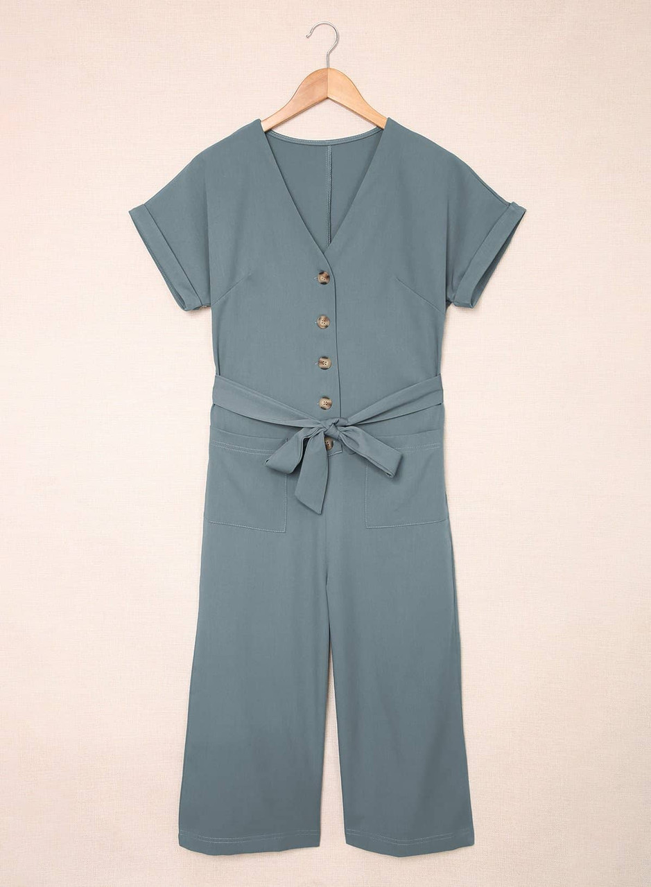 Blue Dolman Button Belted V Neck Wide Leg Pocketed Jumpsuit