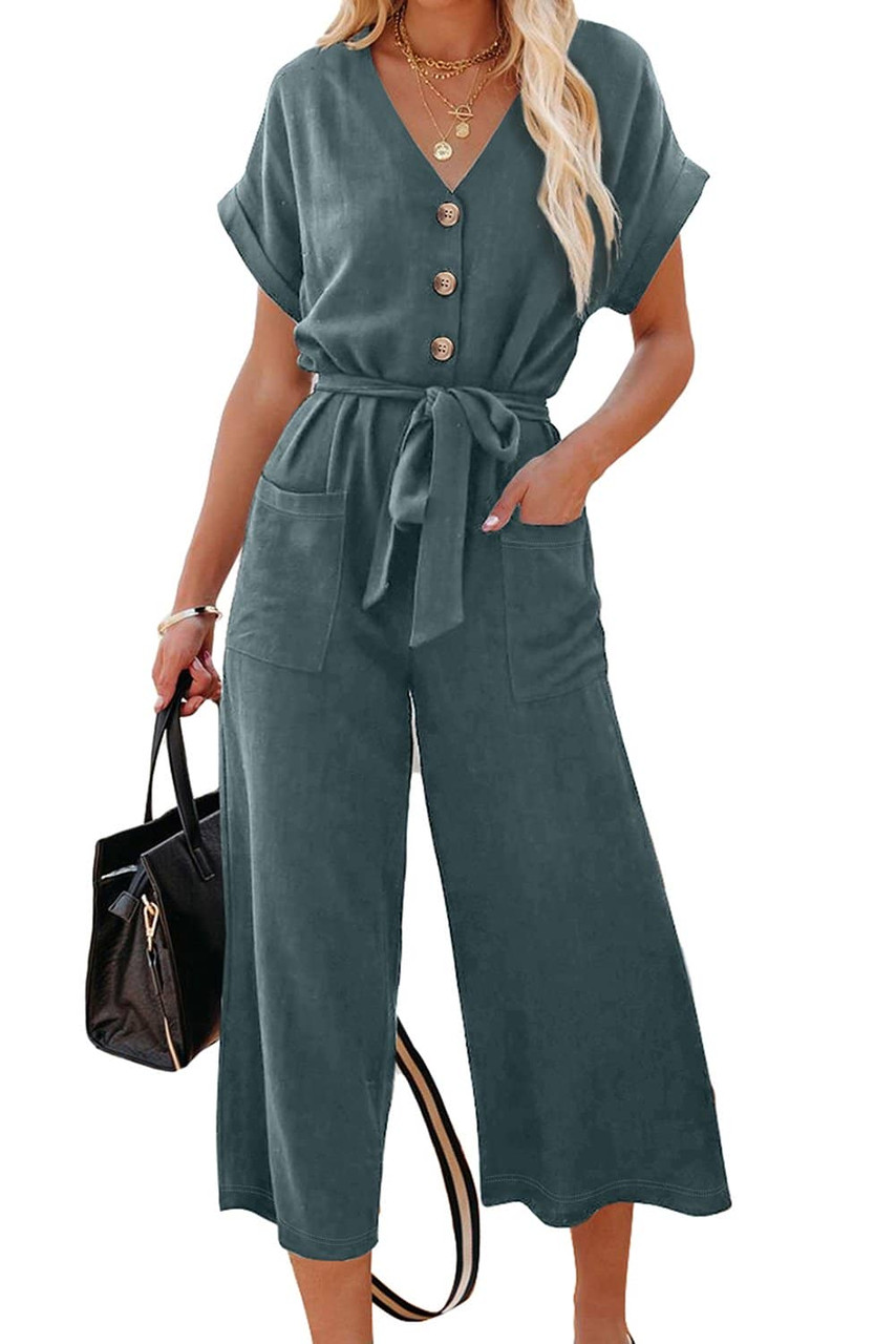 Blue Dolman Button Belted V Neck Wide Leg Pocketed Jumpsuit
