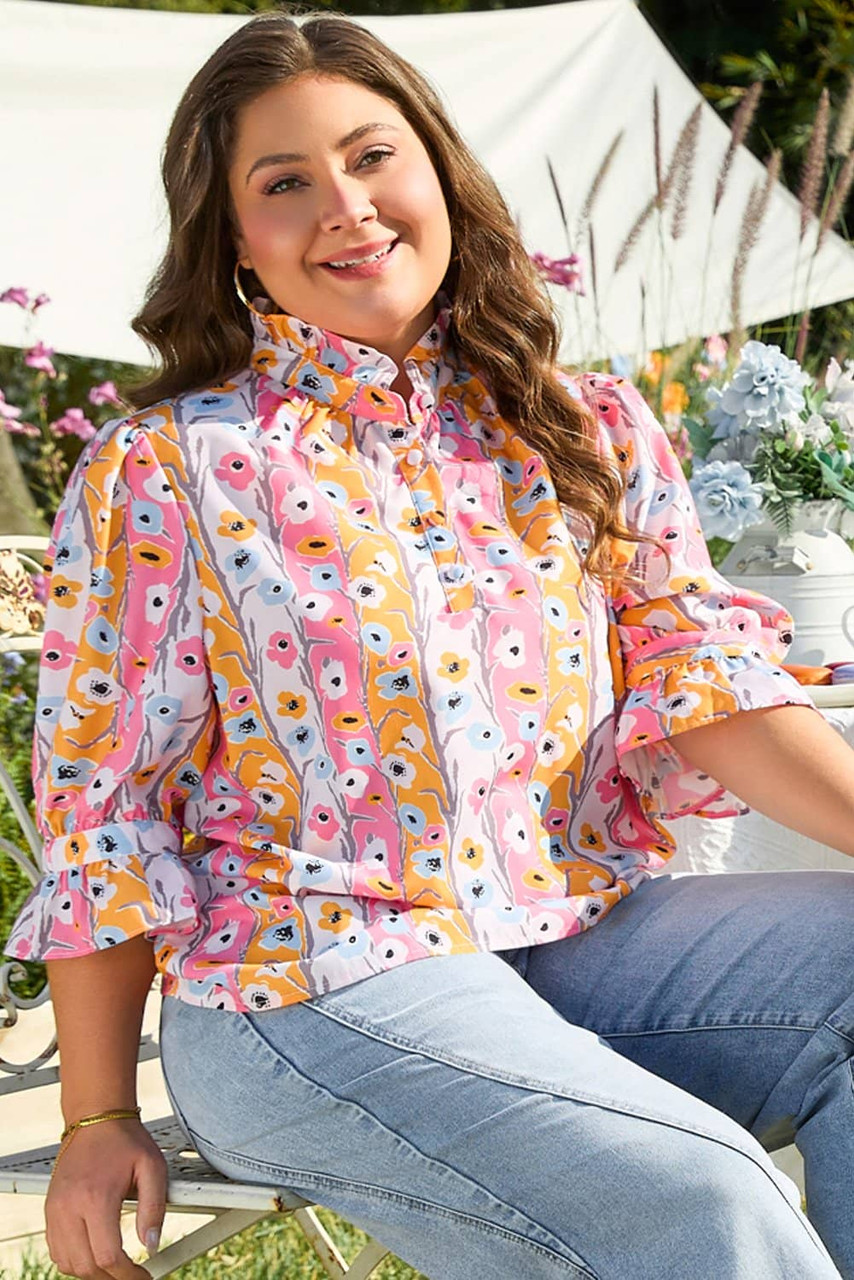 Pink Floral Ruffled Collar Bracelet Sleeve Plus Size Blouse Top Pink Floral Ruffled Collar Bracelet Sleeve Plus Size Blouse Top