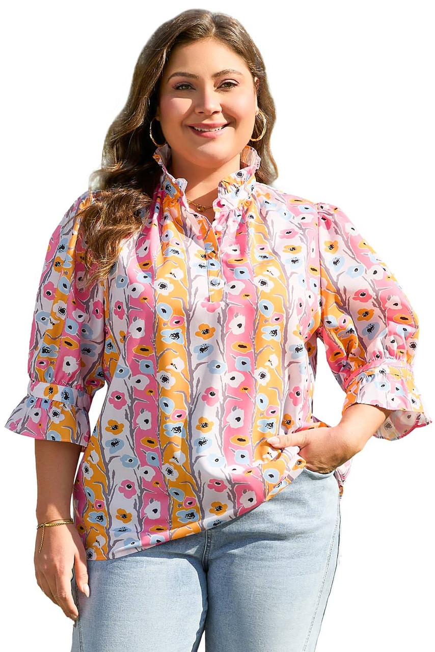 Pink Floral Ruffled Collar Bracelet Sleeve Plus Size Blouse Top Pink Floral Ruffled Collar Bracelet Sleeve Plus Size Blouse Top