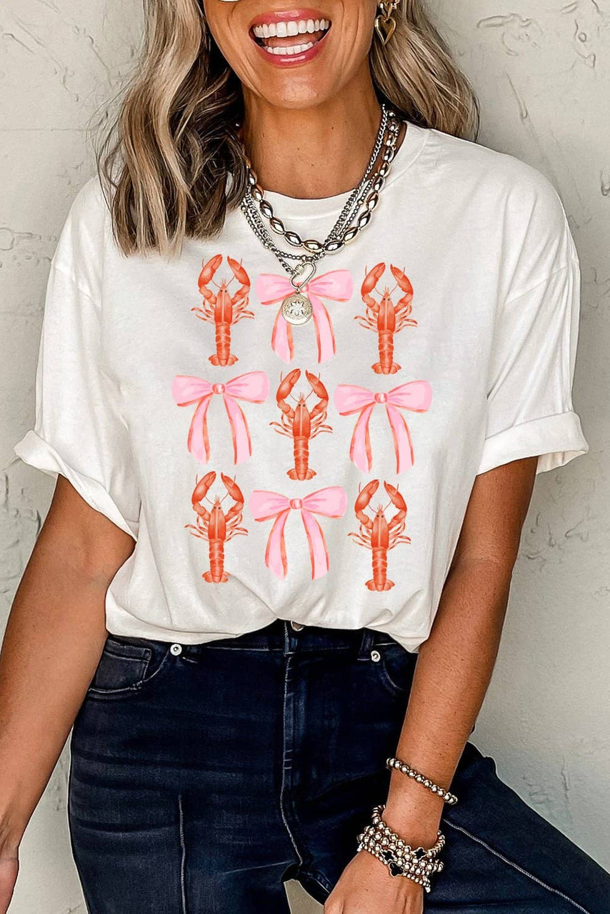 White Crawfish Bow Printed Summer T Shirt White Crawfish Bow Printed Summer T Shirt
