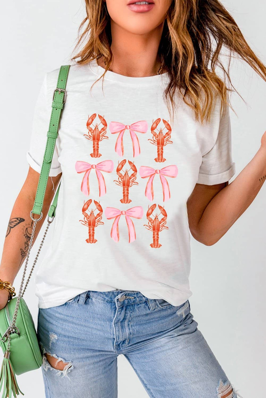 White Crawfish Bow Printed Summer T Shirt White Crawfish Bow Printed Summer T Shirt