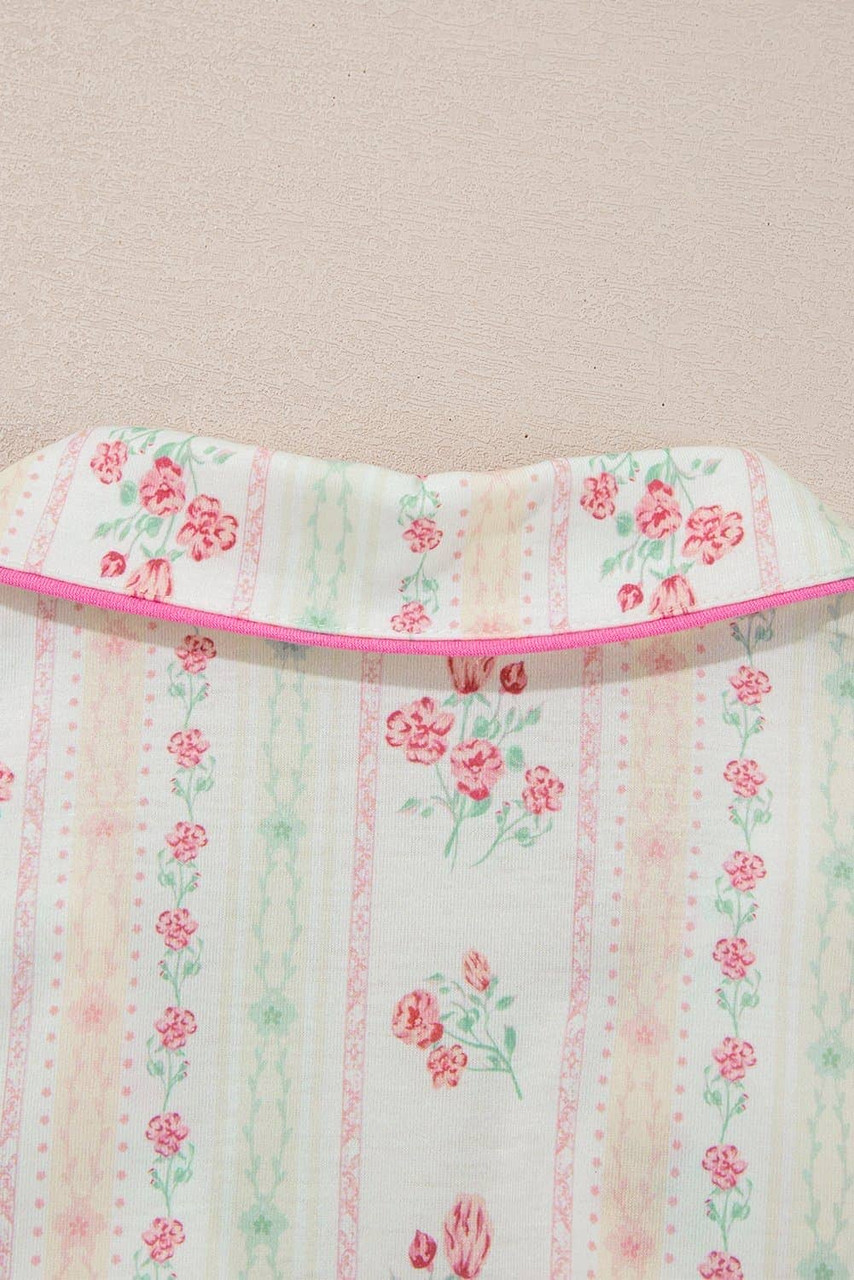 Beige Floral Print Contrast Pipping Short Pajamas Set