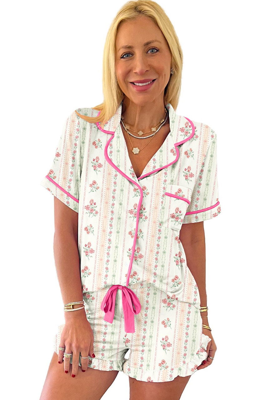Beige Floral Print Contrast Pipping Short Pajamas Set
