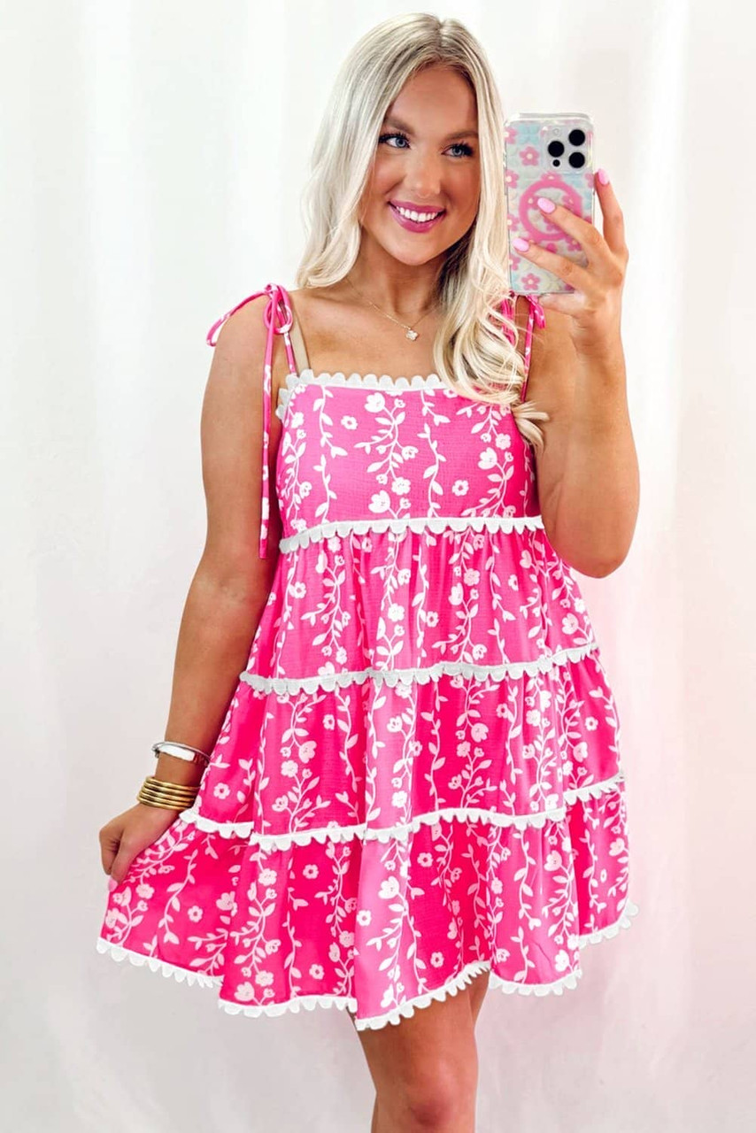 Pink Floral Print Ric Rac Patched Sleeveless Mini Dress