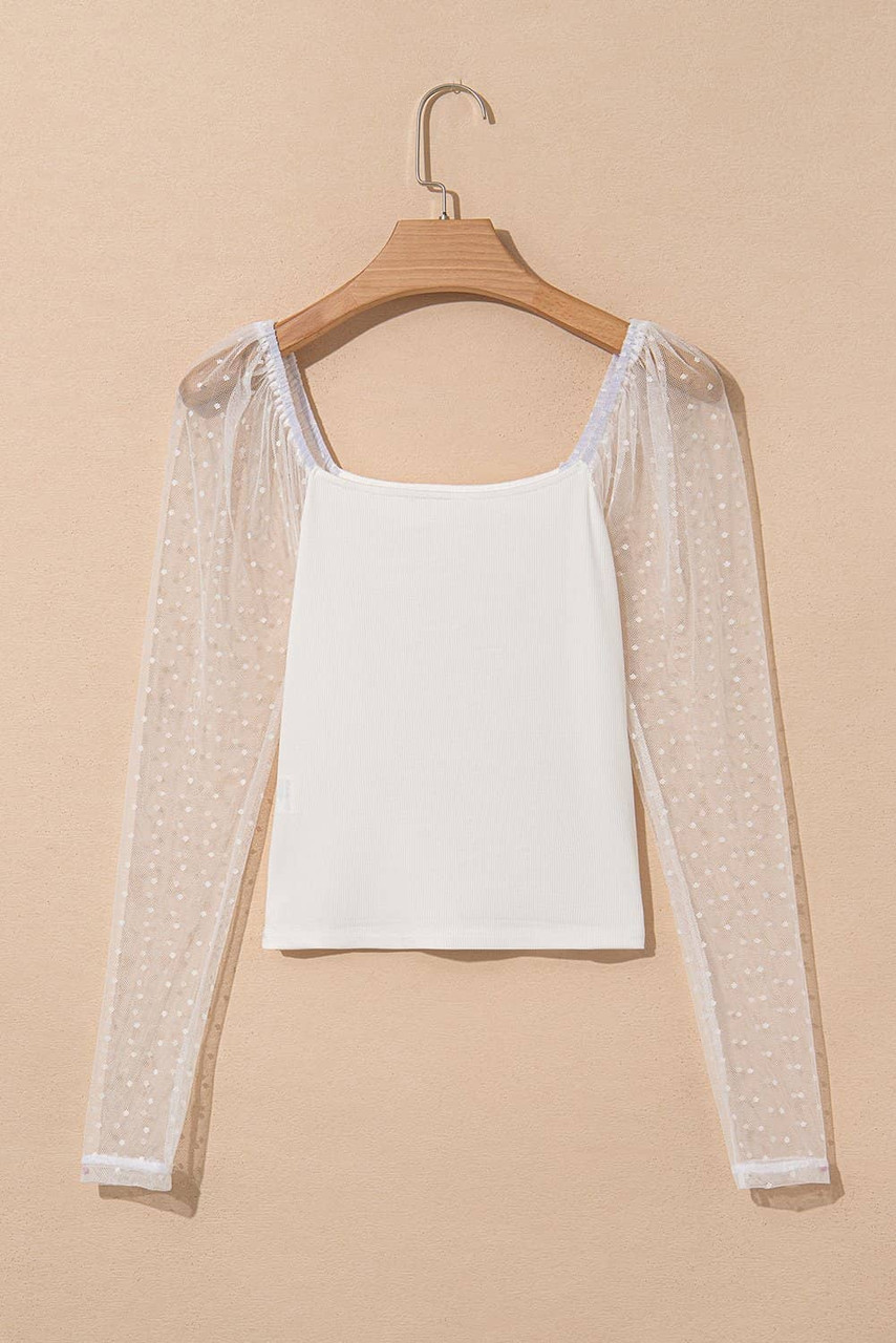 White Swiss Dot Mesh Long Sleeve Square Neck Slim Top