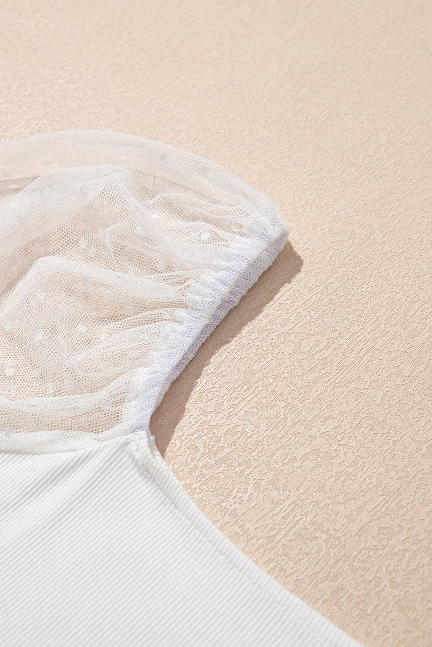 White Swiss Dot Mesh Long Sleeve Square Neck Slim Top