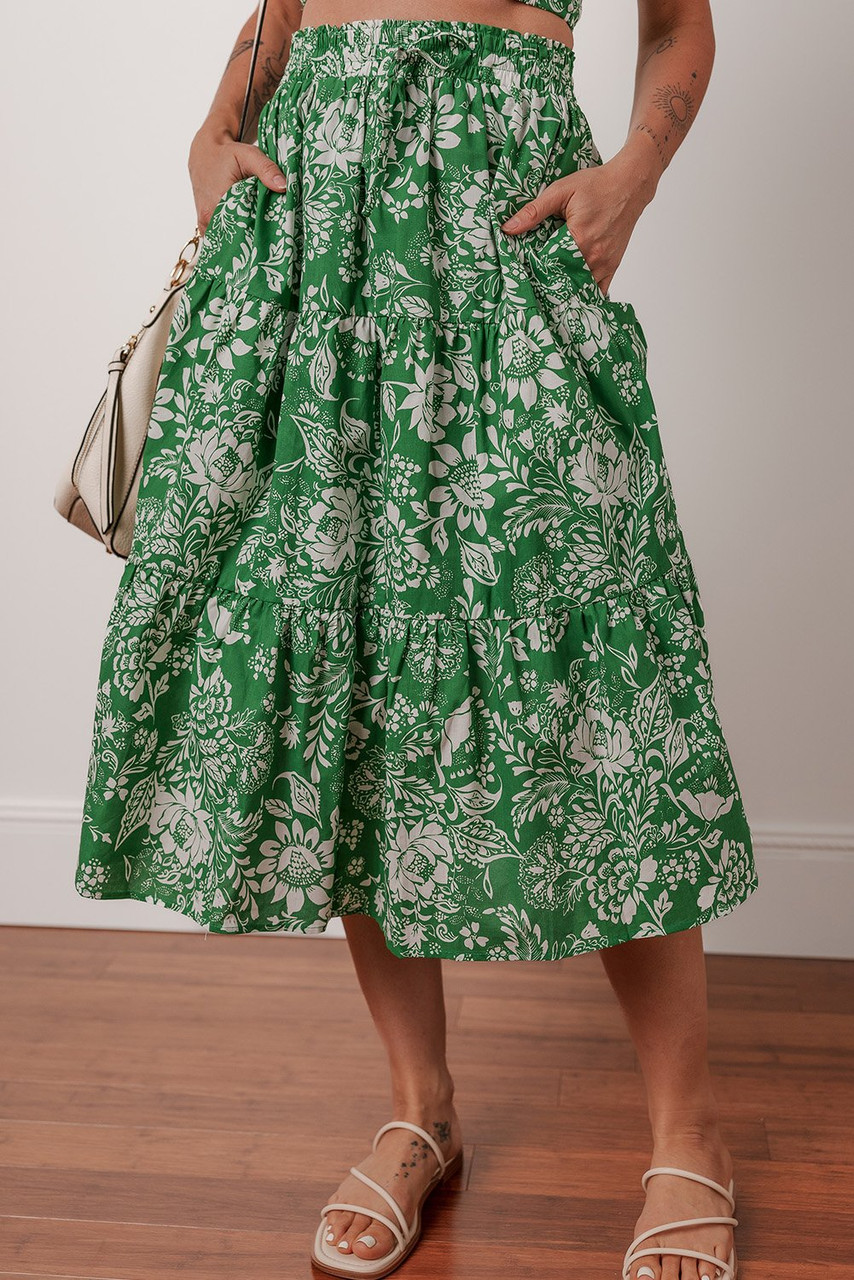 Green Floral Print Shirred Crop Top and High Waist Midi Skirt Set