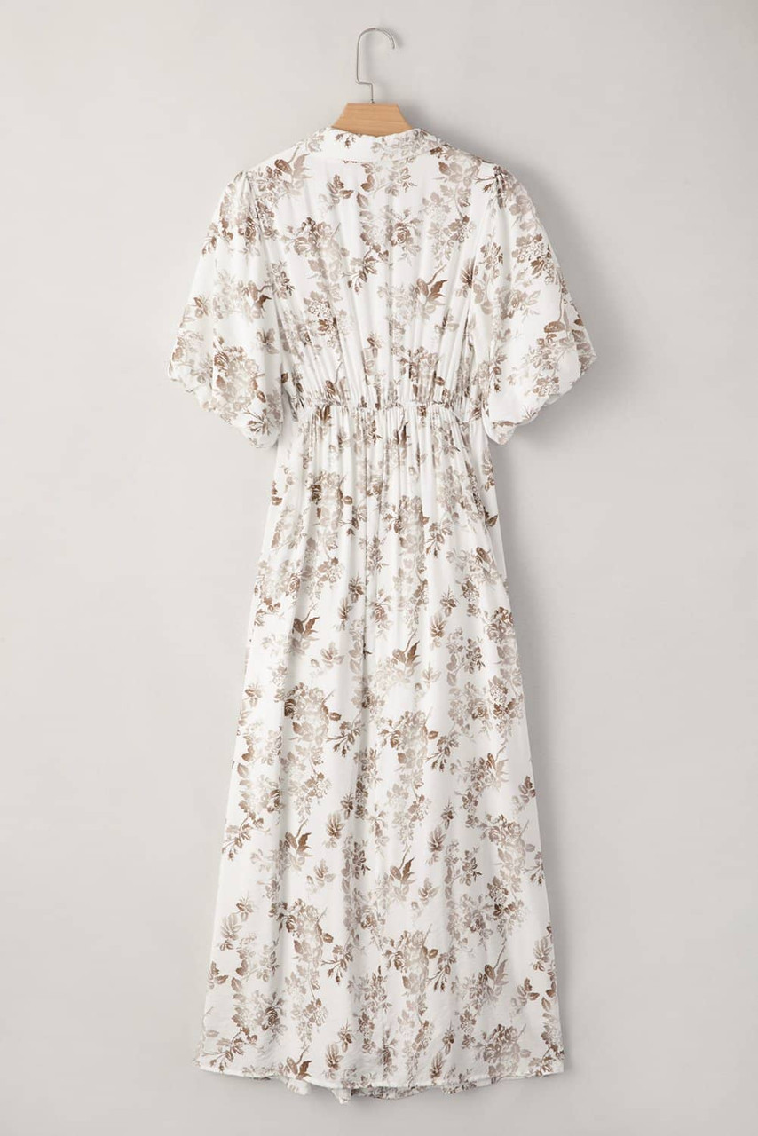 Khaki Floral Puff Sleeve V Neck Buttoned Front Maxi Dress