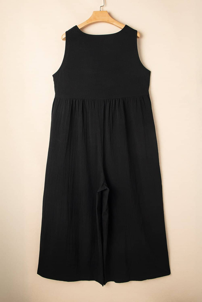 Black Plus Size Sleeveless Button Front Loose Jumpsuit