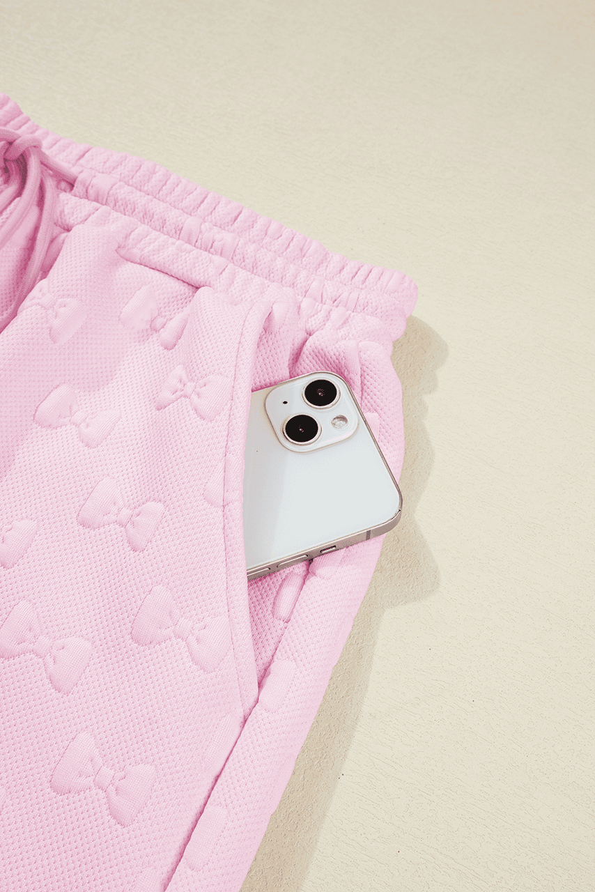 Pink Bow Jacquard Ruffle Sleeve Short 2pcs Outfit