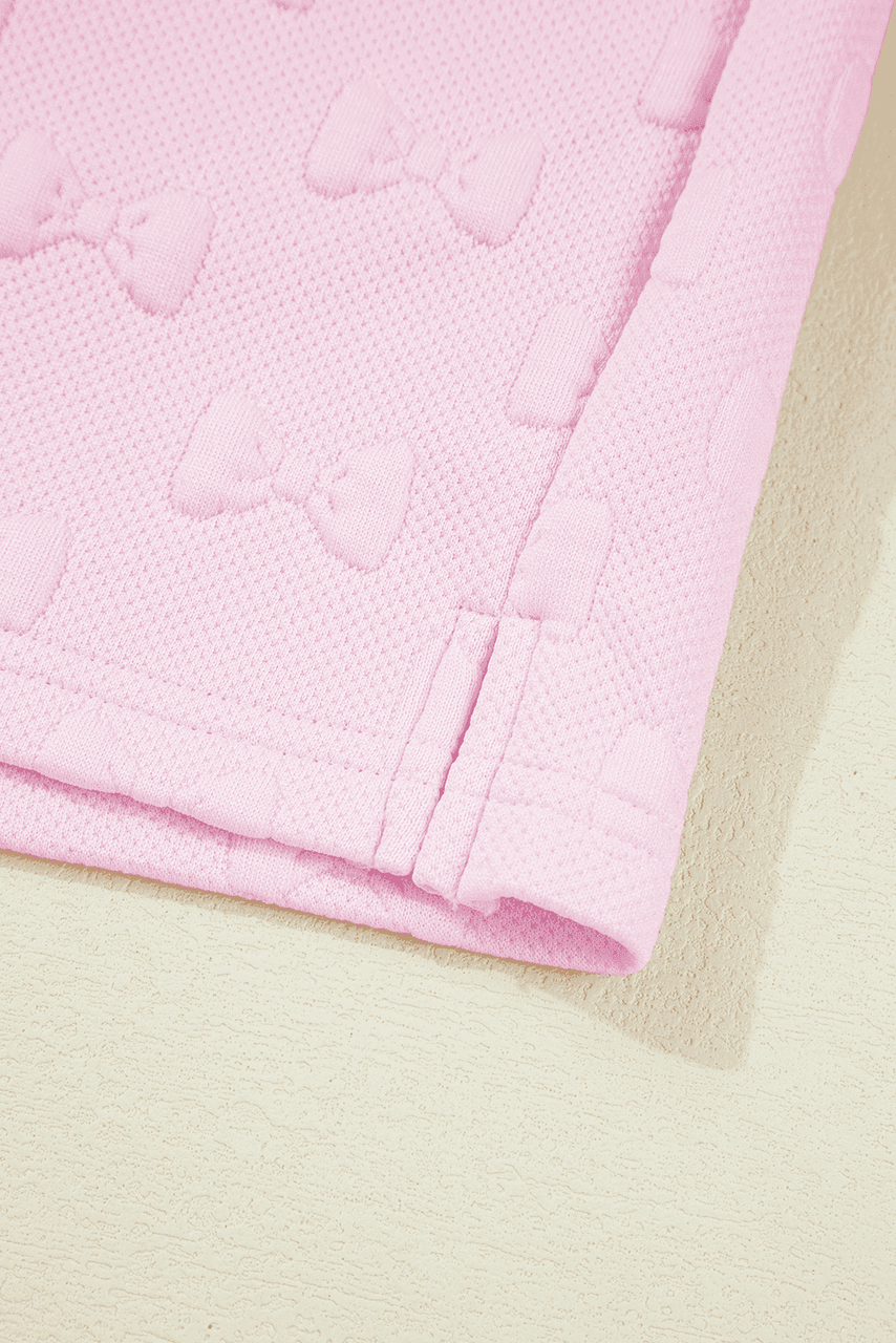 Pink Bow Jacquard Ruffle Sleeve Short 2pcs Outfit