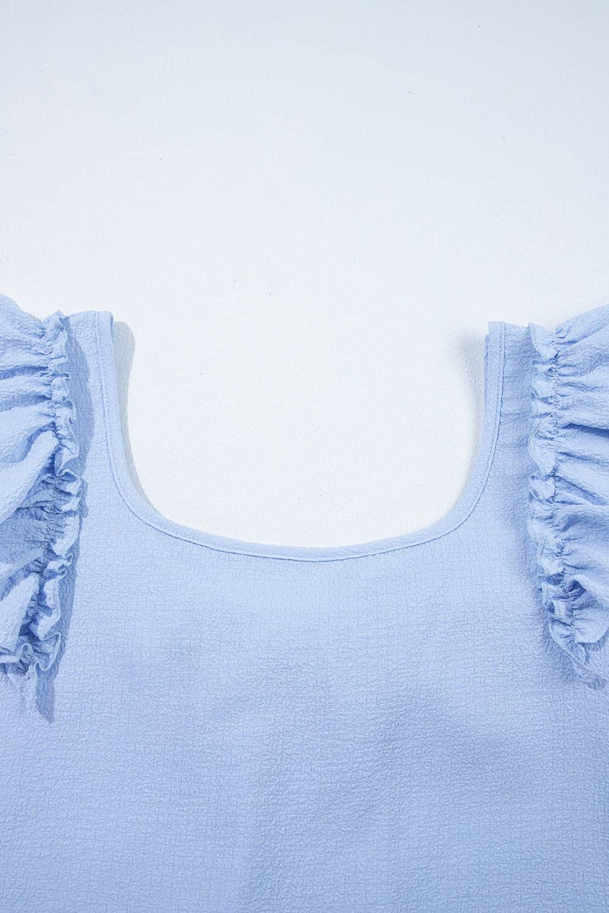 Beau Blue Textured Bow Knot Frilled Butterfly Sleeve Blouse