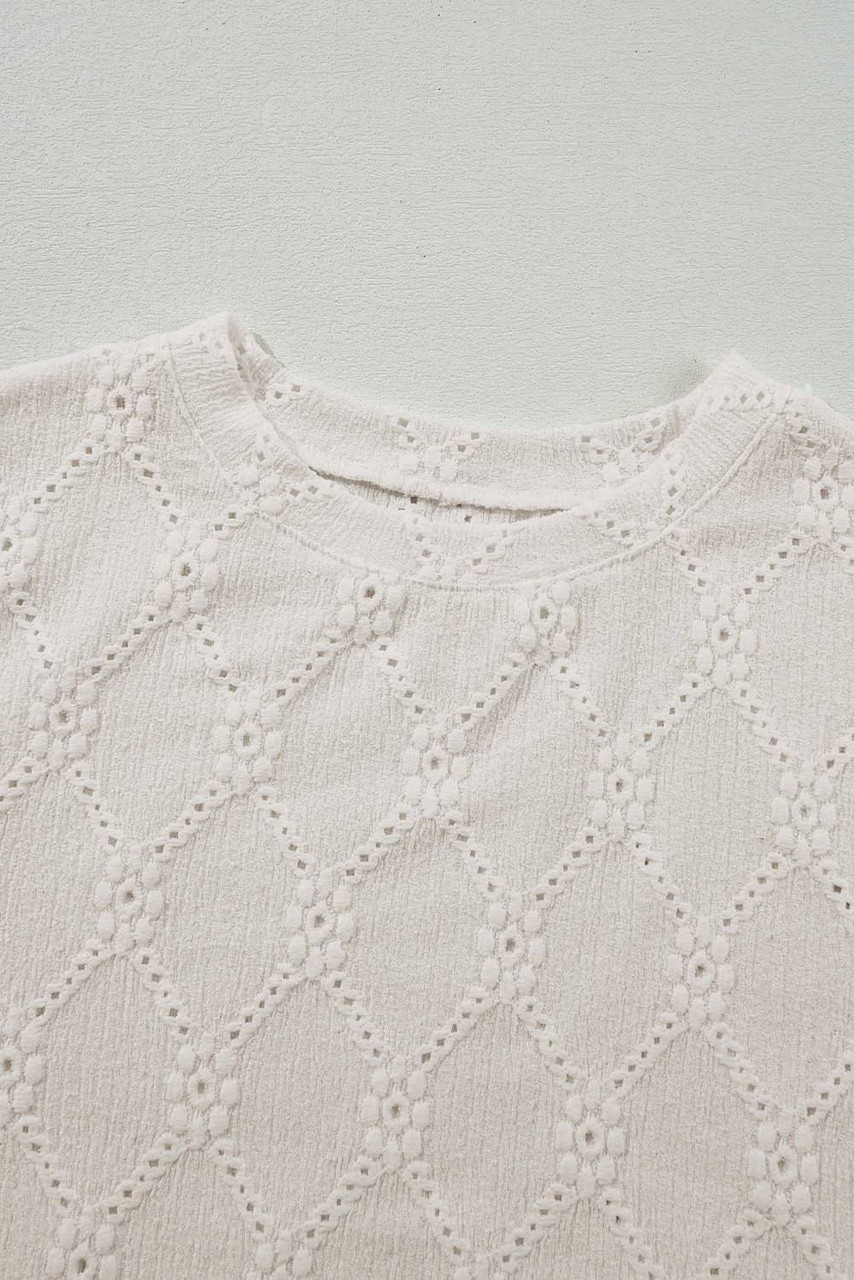 White Geometric Embroidered Slim Fit O Neck T Shirt