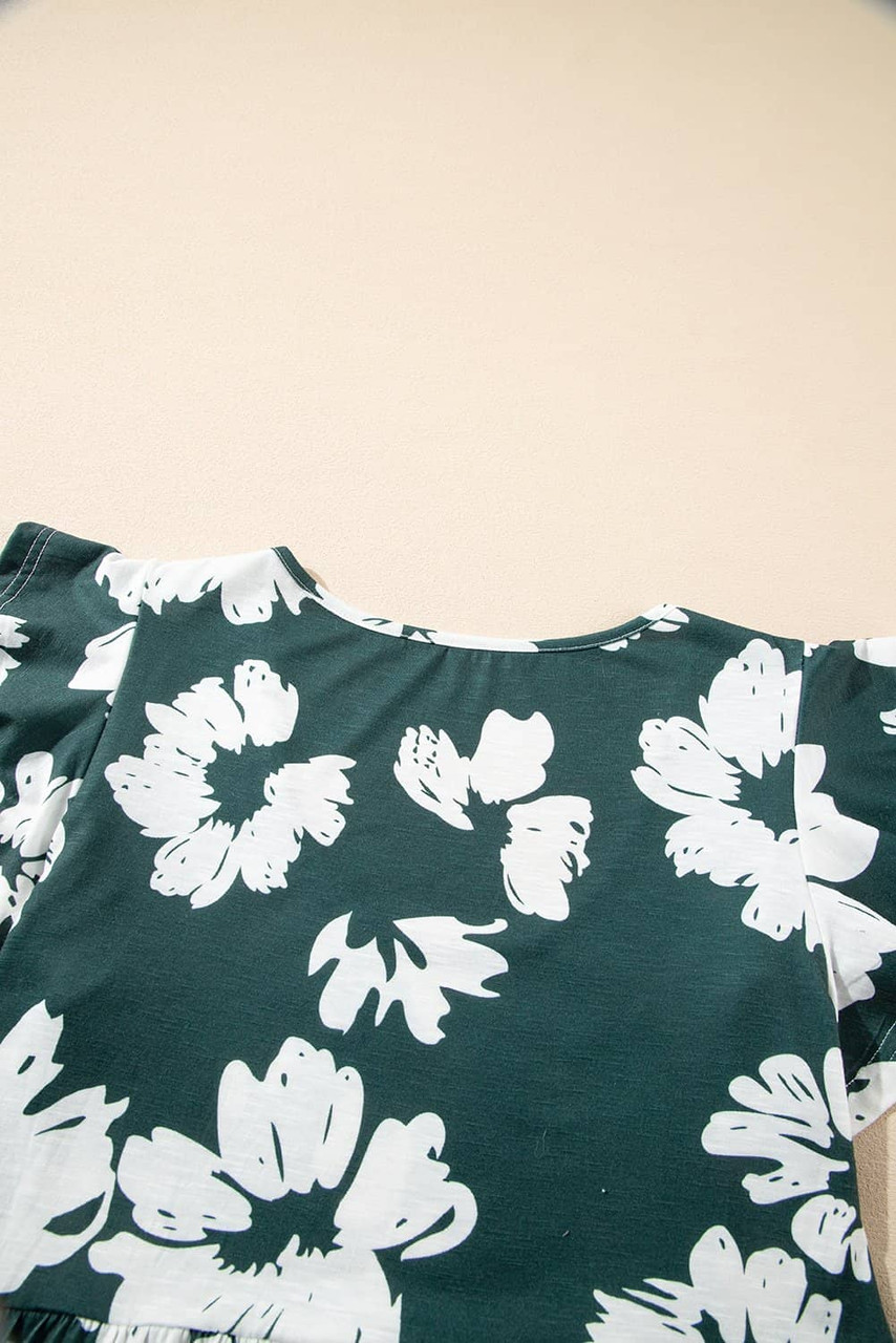 Green Floral Print Ruffle Sleeve Empire Waist Mini Dress