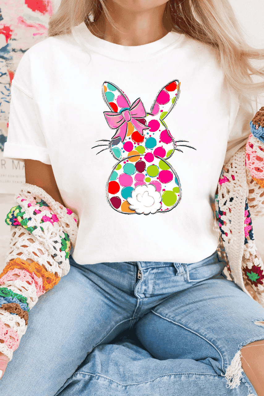 White Polka Dot Bow Rabbit Graphic Crewneck Easter Fashion Tee