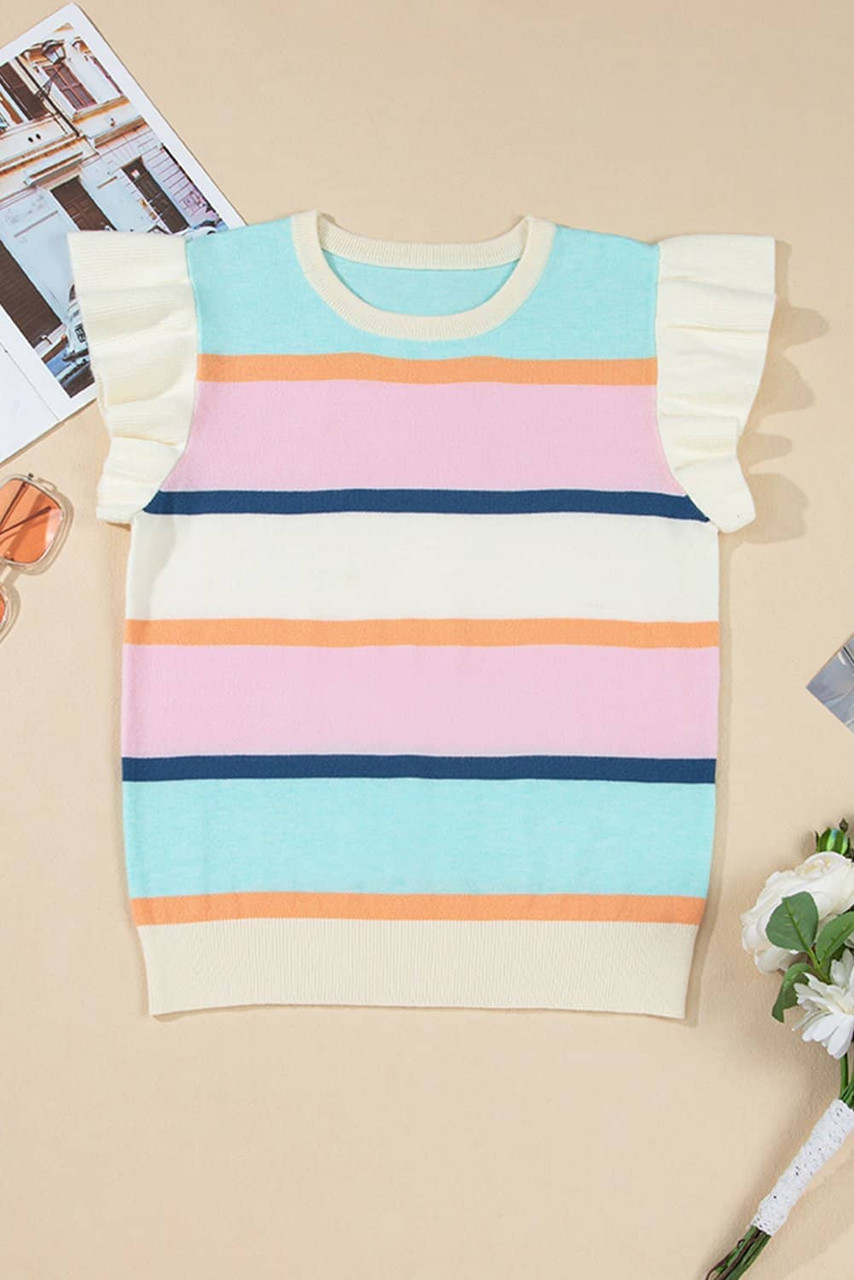Multicolour Striped Color Block Flutter Sleeve Patchwork Sweater Top