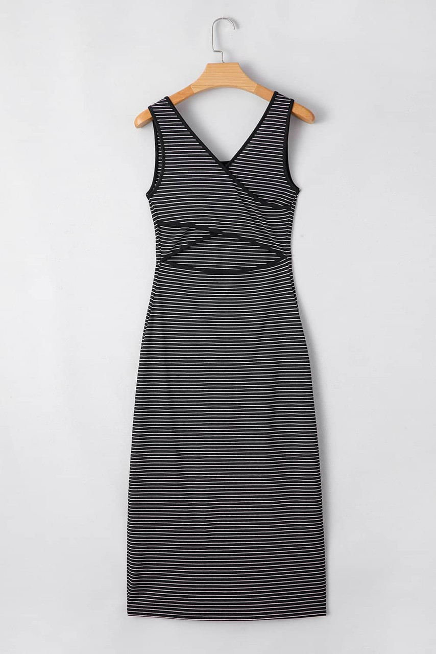 Black Stripe Criss Cross Side Slits Slim Fit Sleeveless Midi Dress