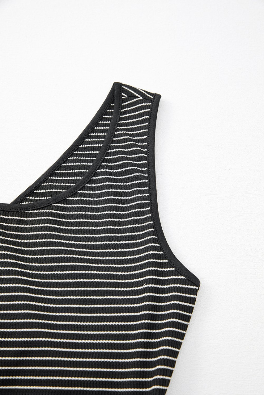 Black Stripe Criss Cross Side Slits Slim Fit Sleeveless Midi Dress