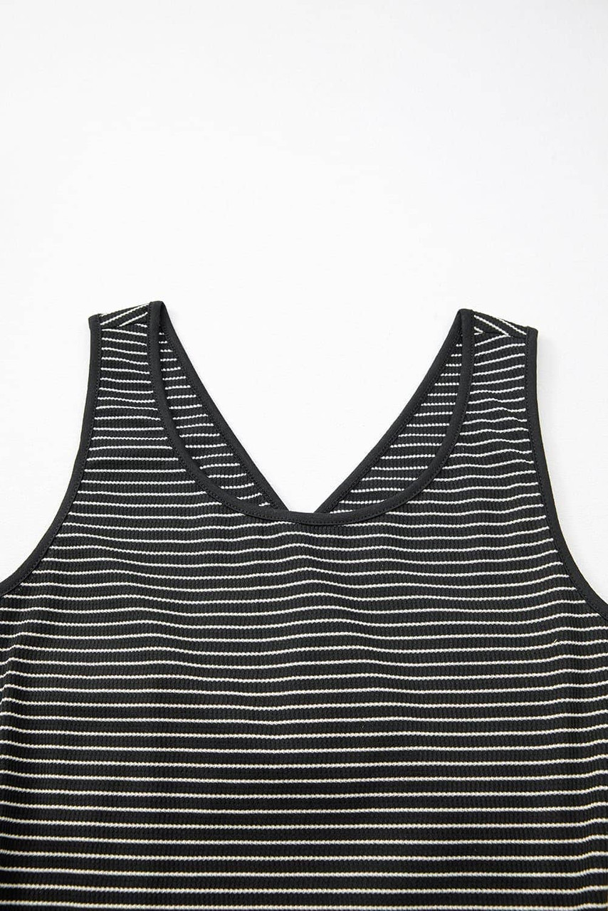 Black Stripe Criss Cross Side Slits Slim Fit Sleeveless Midi Dress
