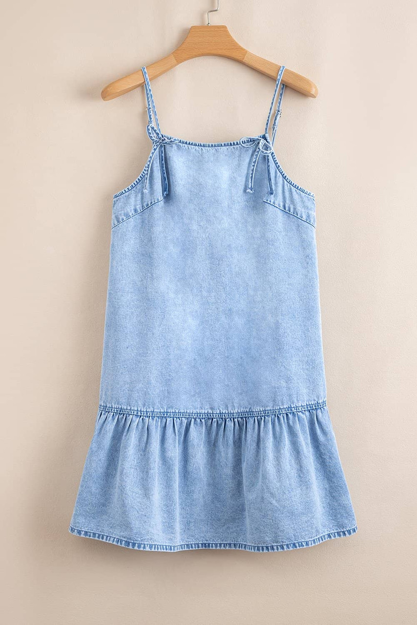 Beau Blue Bow Detail Spaghetti Straps Ruffle Hem Denim Short Dress