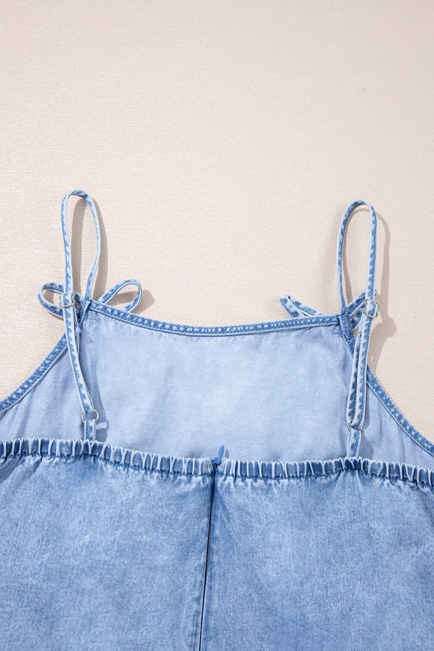 Beau Blue Bow Detail Spaghetti Straps Ruffle Hem Denim Short Dress