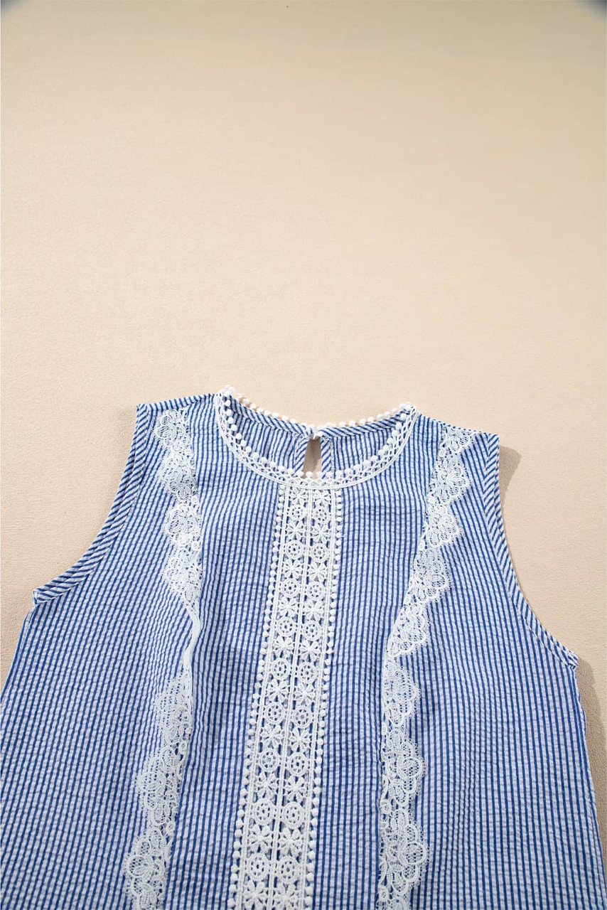 Sky Blue Stripe Lace Patchwork Crew Neck Tank Top