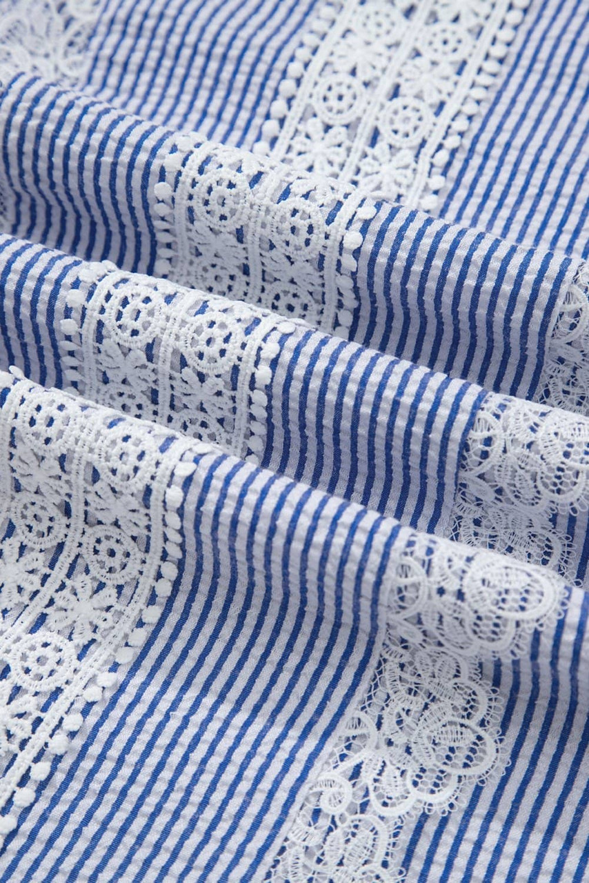 Sky Blue Stripe Lace Patchwork Crew Neck Tank Top