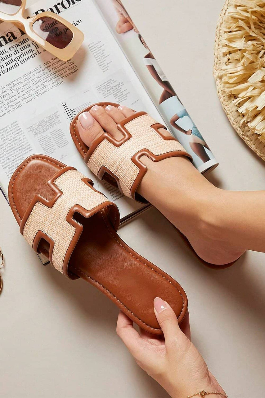 Coffee Faux Raffia Detail Hollowed Open Toe Slippers Coffee Faux Raffia Detail Hollowed Open Toe Slippers