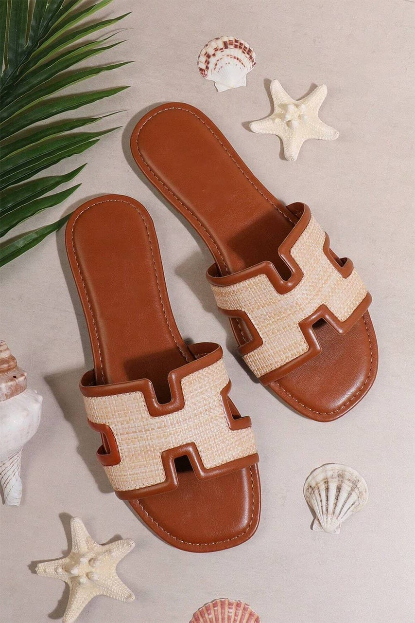 Coffee Faux Raffia Detail Hollowed Open Toe Slippers Coffee Faux Raffia Detail Hollowed Open Toe Slippers