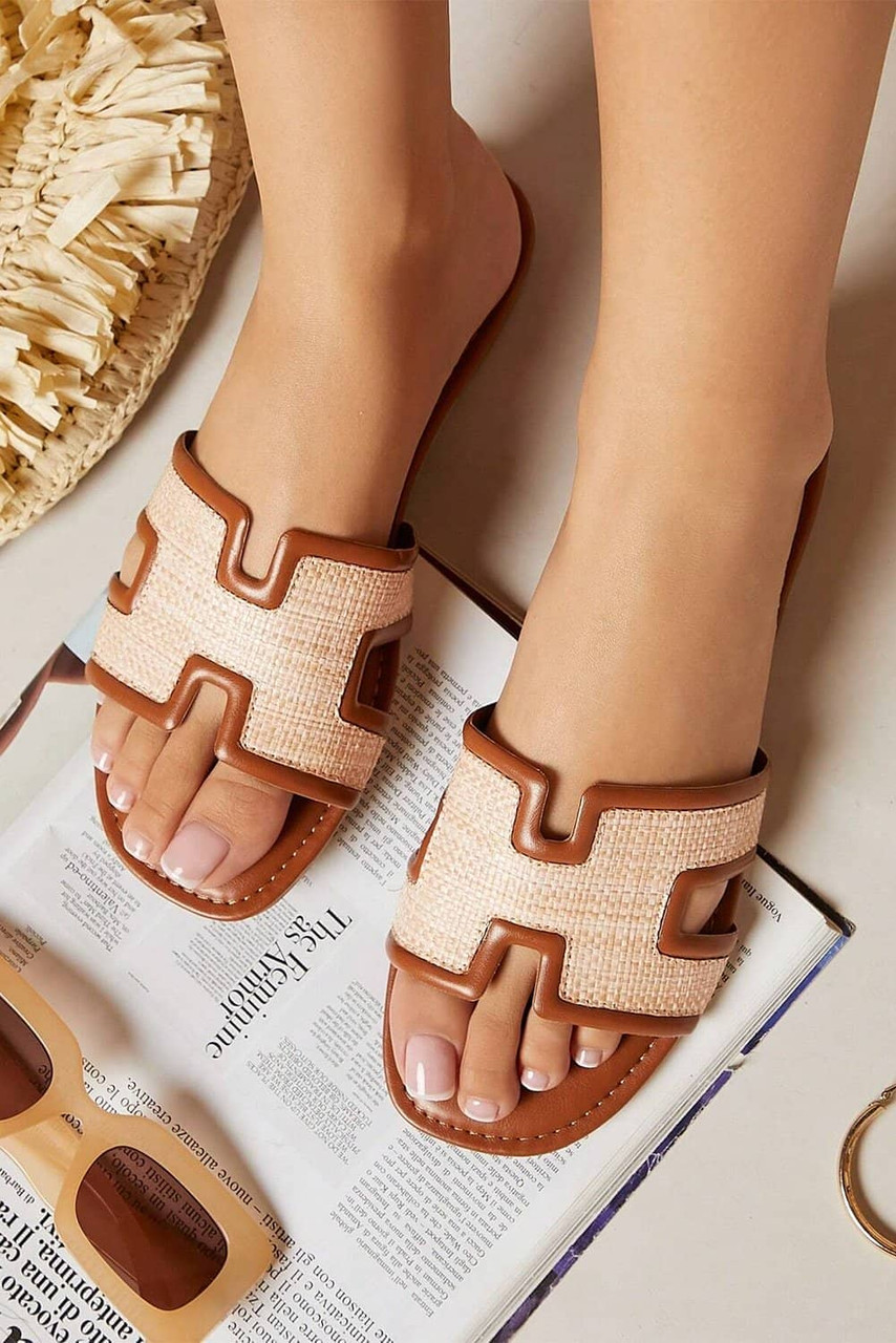 Coffee Faux Raffia Detail Hollowed Open Toe Slippers Coffee Faux Raffia Detail Hollowed Open Toe Slippers