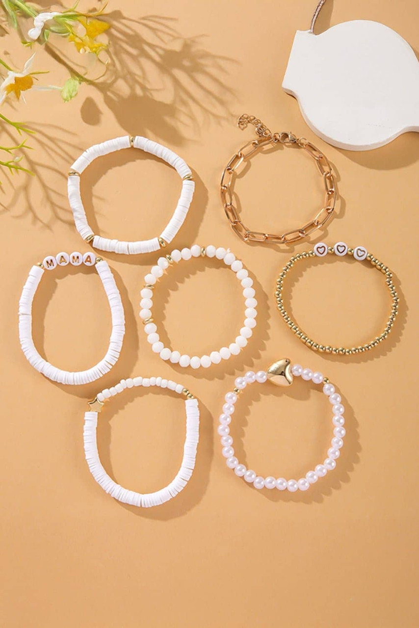 White MAMA Heart Pearl Beaded Chain Multi Layer Bracelet White MAMA Heart Pearl Beaded Chain Multi Layer Bracelet