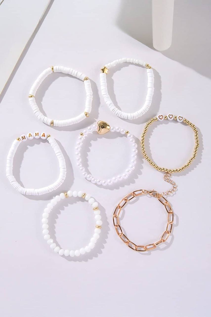White MAMA Heart Pearl Beaded Chain Multi Layer Bracelet White MAMA Heart Pearl Beaded Chain Multi Layer Bracelet
