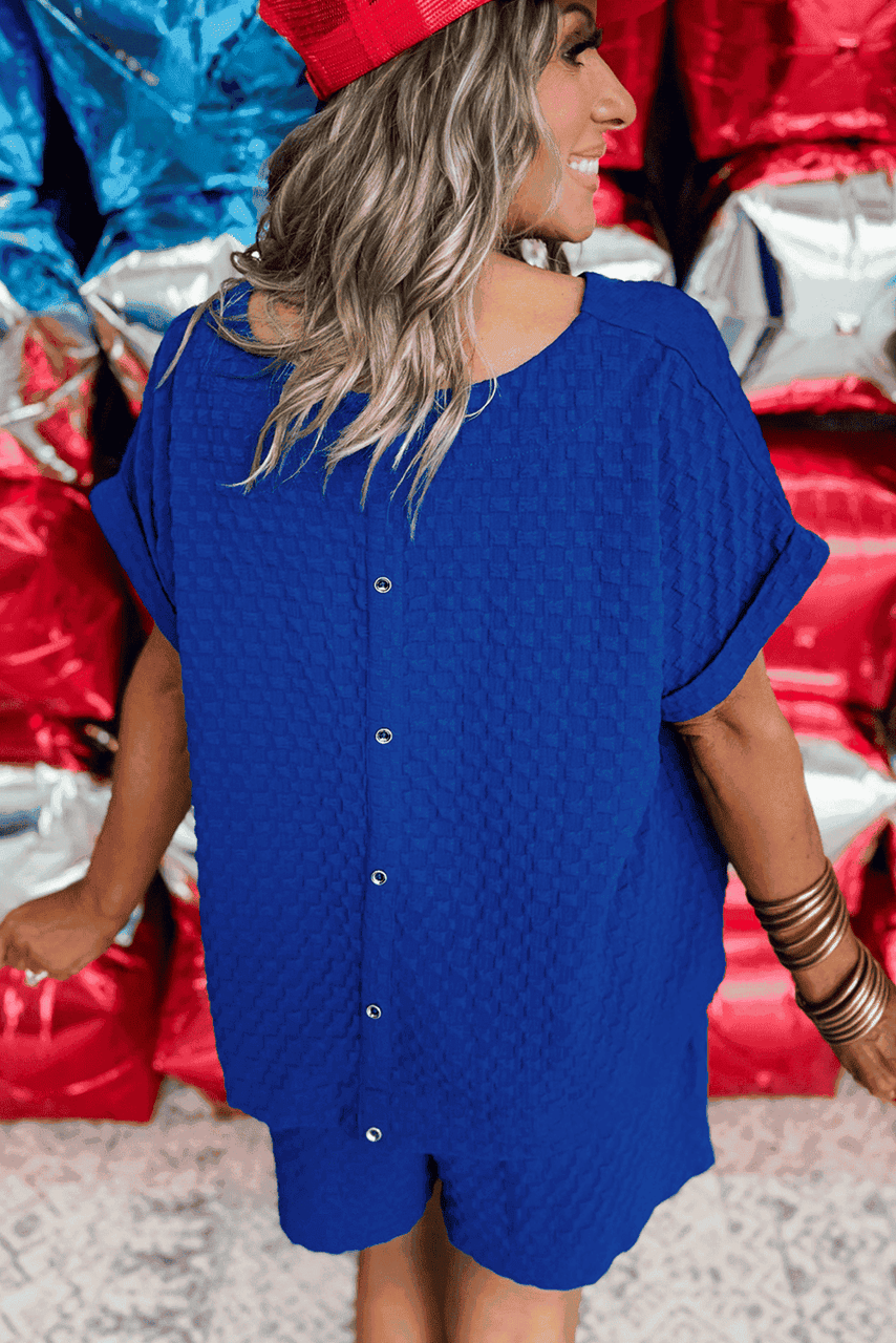 Sky Blue Sequined USA Bowknot Buttoned Back Textured Short Set