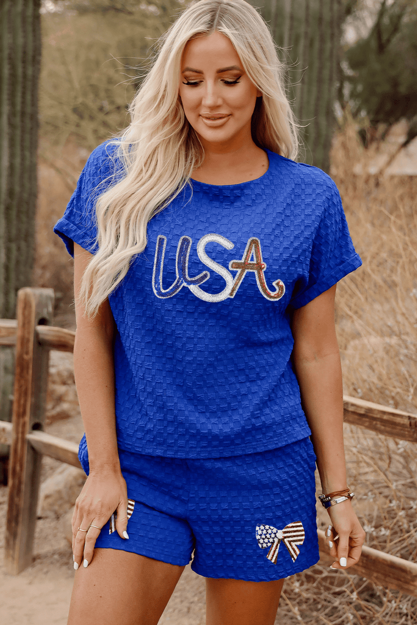 Sky Blue Sequined USA Bowknot Buttoned Back Textured Short Set