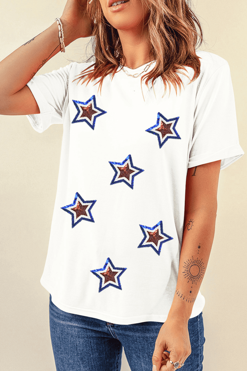 White Independence Day Sequin Star Patched T Shirt White Independence Day Sequin Star Patched T Shirt