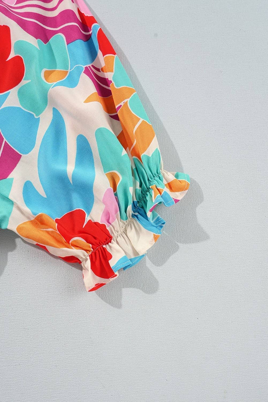 Rose Red Floral Bubble Sleeve V Neck Tiered Ruffle Babydoll Dress