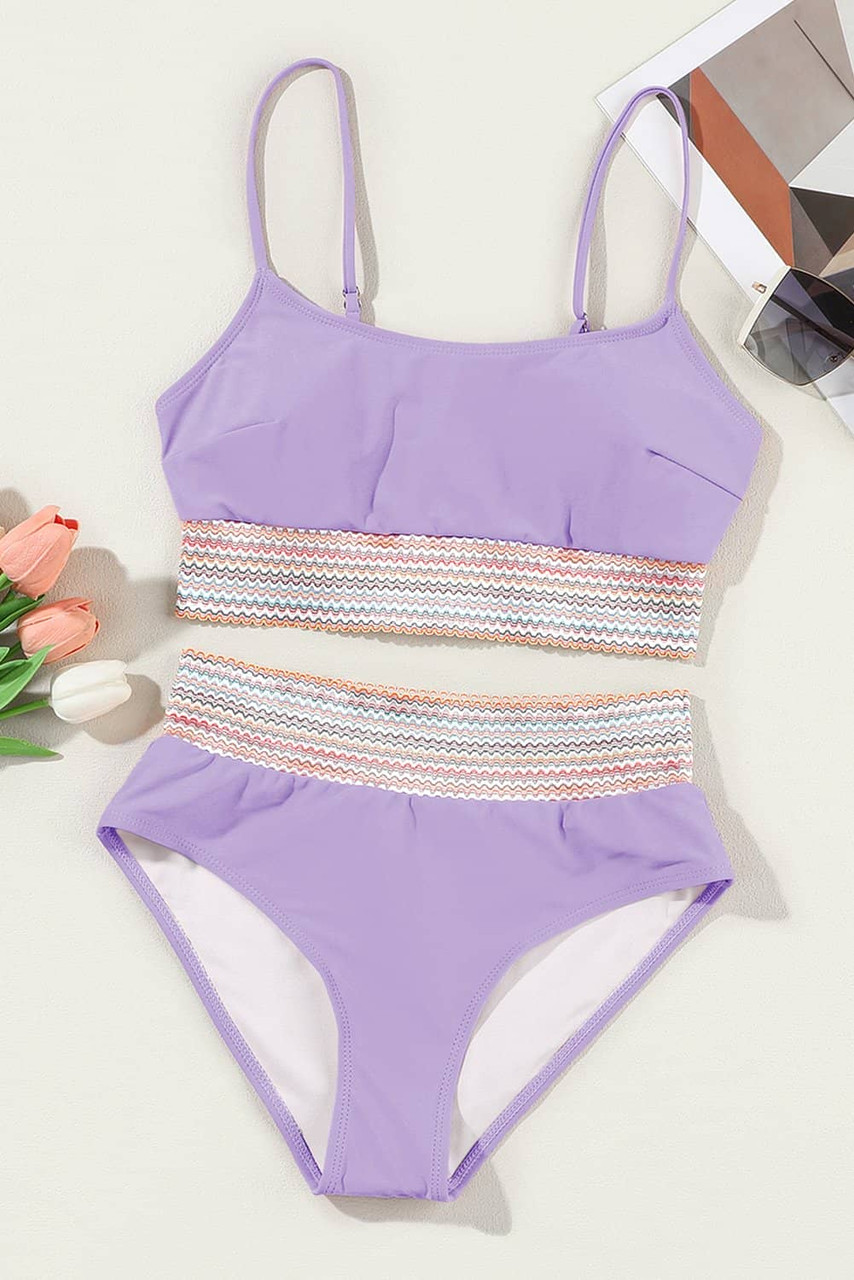 Orchid Petal Striped Patchwork Spaghetti Strap High Waist Bikini Swimsuit