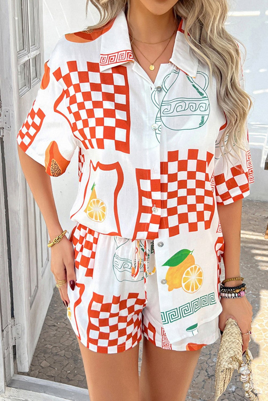 Orange Vacation Printed Loose Shirt and Drawstring Shorts Set