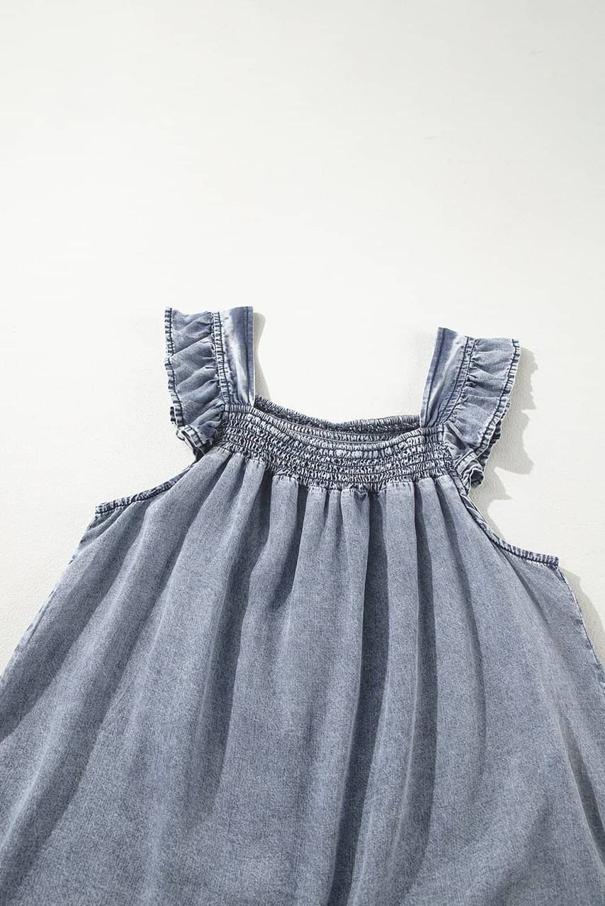 Ashleigh Blue Ruffled Shirred Neckline Sleeveless Denim Tank Top