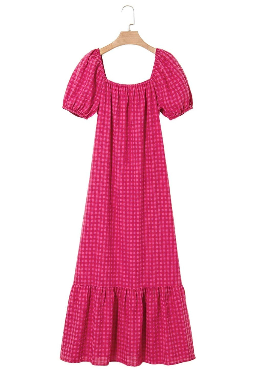 Rose Ginham Check Bubble Sleeve Ruffled Maxi Dress