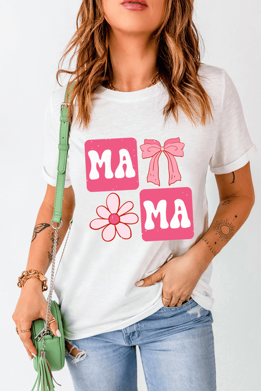 White MAMA Bow Flower Print Crewneck T Shirt