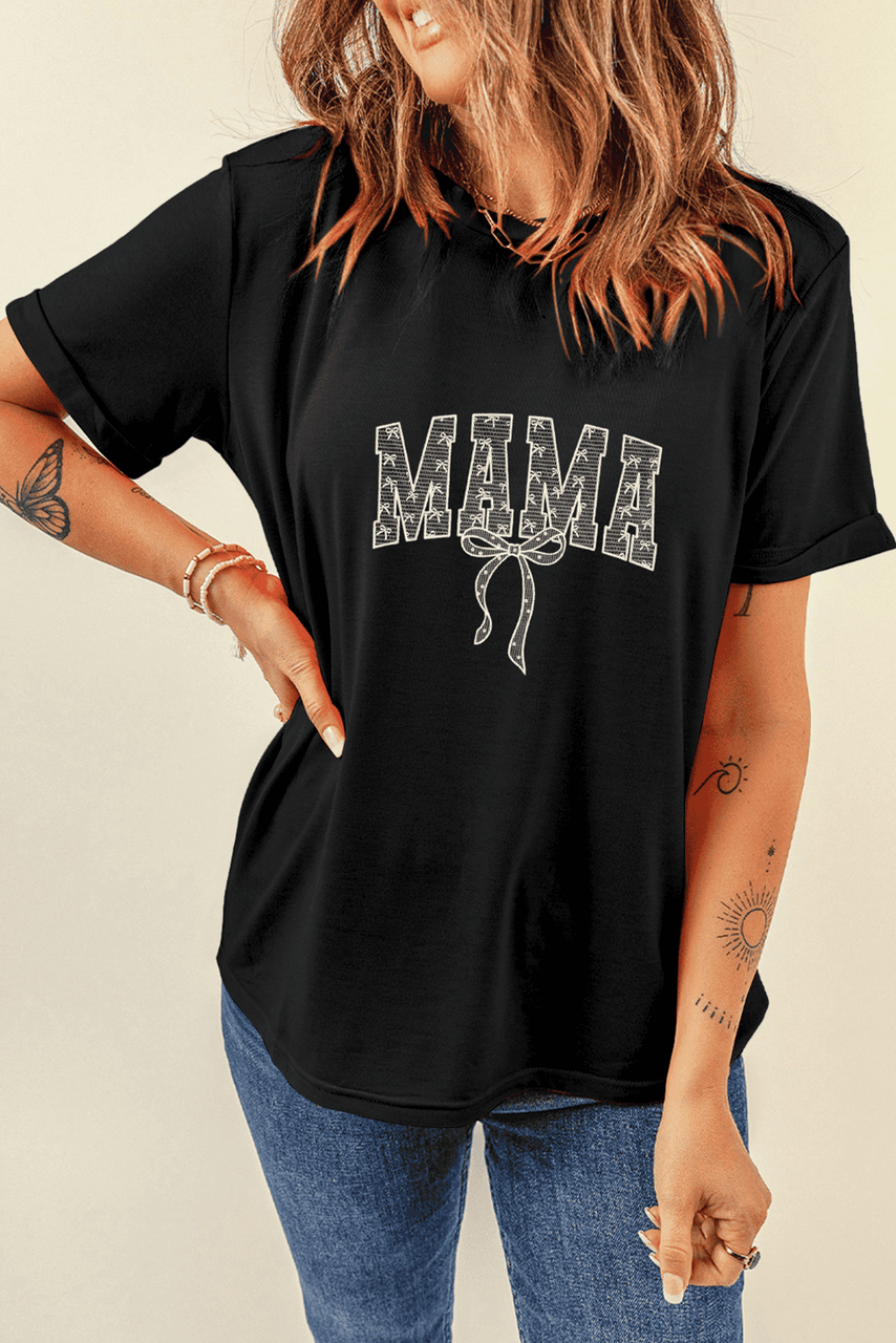 Black Bowknot MAMA Embroidered Crewneck Mothers Day T Shirt