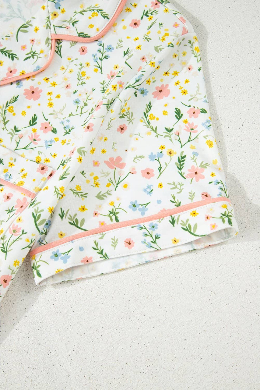 White Floral Print Contrast Pipping Short Pajamas Set